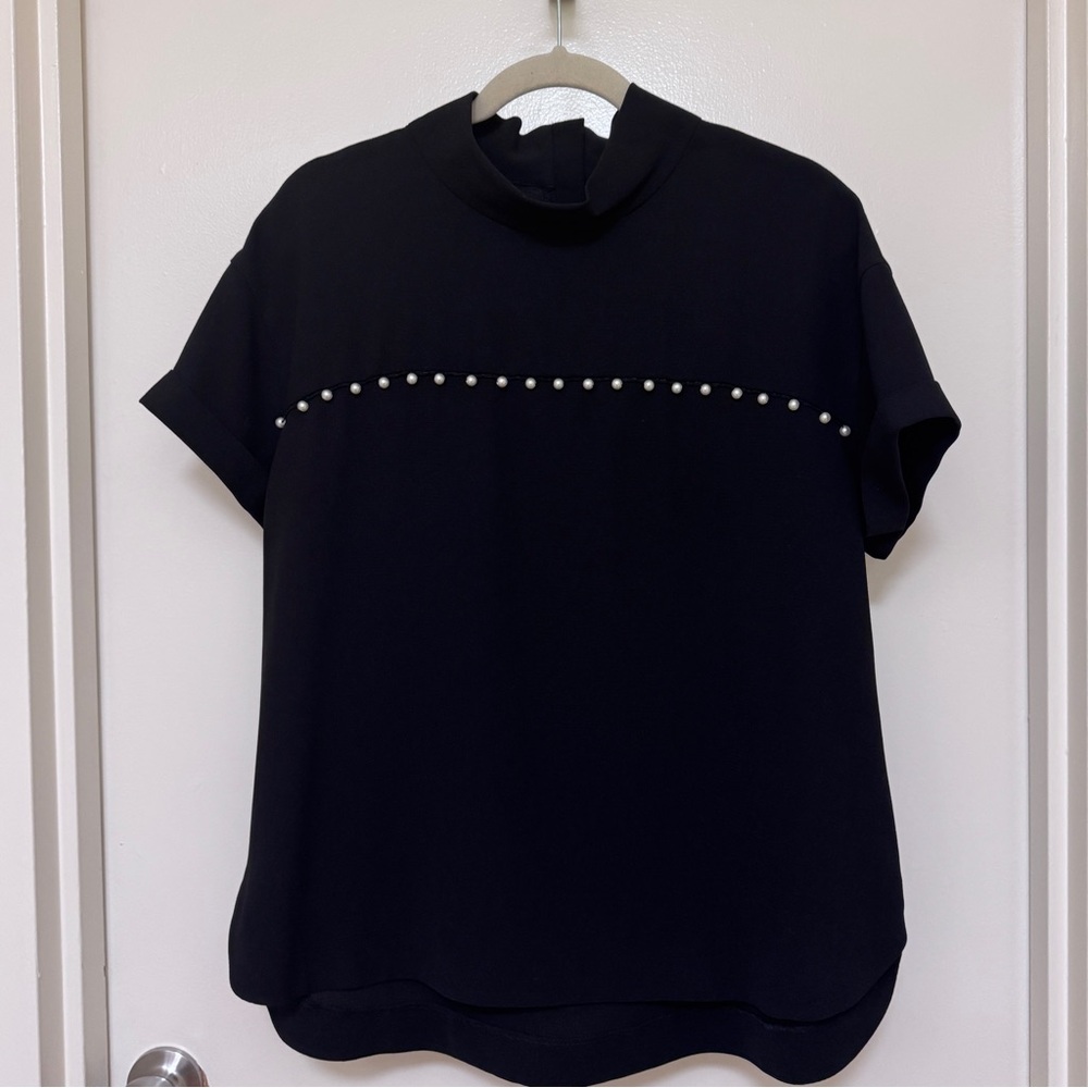 Zara Black Mock Neck with short sleeves and pearl embellishments. US Size XL